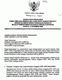 Pokok-pokok penjelasan komisi pemilihan umum dalam acara rapat dengar pendapat dengan kelompok dewan perwakilan daerah di majelis permusyawaratan rakyat  RI; Jakarta 13 November 2008