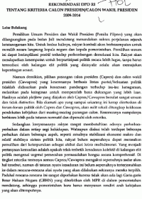 Rekomendasi DPD RI tentang kriteria calon presiden/ calon wakil presiden 2009-2014