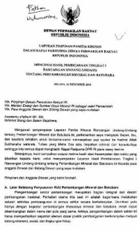 Laporan pimpinan panitia khusus dalam rapat paripurna DPR RI  ,mengenai hasil pembicaraan tingkat I rancangan undang-undang Tentang Pertambangan Mineral dan Batubara; 16 Desember 2008